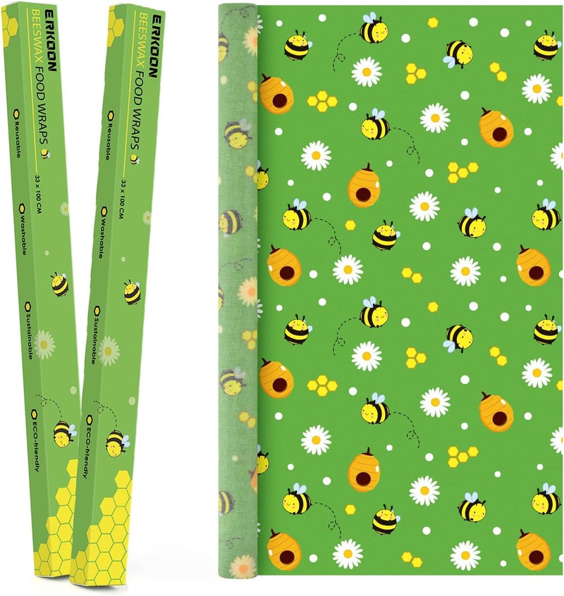 ERKOON Beeswax Food Wraps 2 Roll 13 x 39 Inch Reusable Beeswax Wraps Eco-Friendly Sustainable Food Storage Wraps for Sandwich, Cheese, Fruit, Bread, Snacks - Image 1